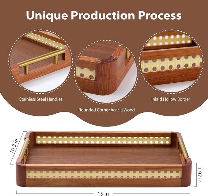 Acacia Wood Serving Tray with Handles, Decorative Wooden Tray for Ottoman, Coffee Table, Rectangular Tray Decor for Living Room, Bedroom, Kitchen, Breakfast in Bed