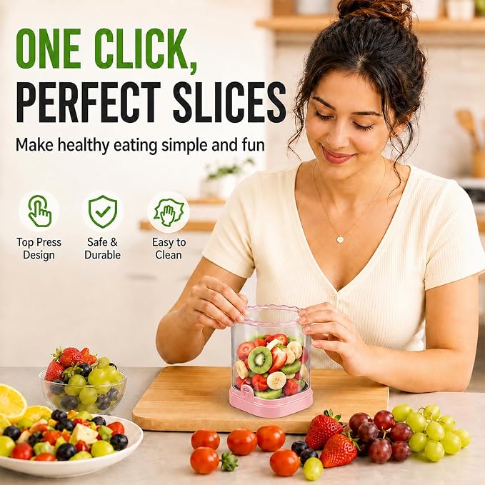 CUNSENR Strawberry Slicer, Fruit Slicer Cup with Stainless Steel Blades, Detachable Strawberry Cutter & Fruit Cutter for Strawberries, Banana, Egg, Cucumber, Mushroom, Quick Meal Prep - Pink