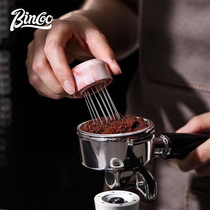 Bincoo 58mm 2-in-1 Coffee Tamper & WDT Tool,Espresso Tamper with Distributor Stirrer Function,Magnetic Espresso Tamper with 12 Needles,Stainless Steel Base Tamper Espresso Tool (Pink)