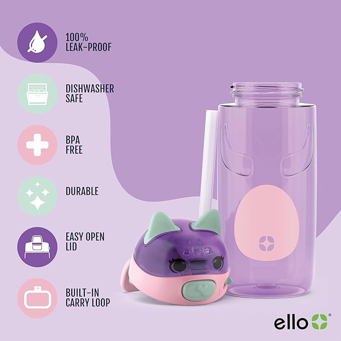 Ello Ellies 16oz Plastic Kids Water Bottle with Straw and Built-in Carrying Handle and Leak-Proof Locking Lid for School backpack, Lunchbox and Outdoor Sports, Cat