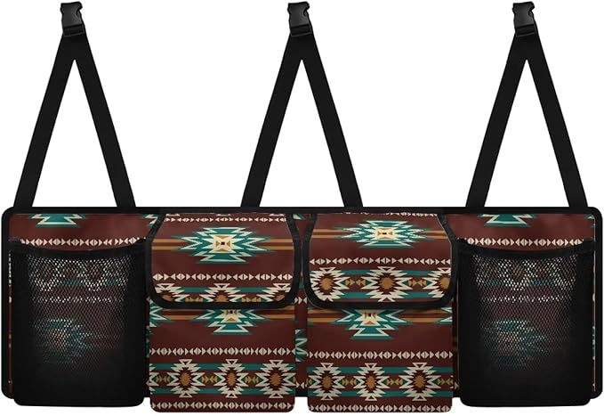 Brown Aztec Trunk Organizer for SUV, Car Organizer Back Seat Hanging Car Storage Container with 4 Pockets Collapsible Cargo Bag Car Interior Accessory