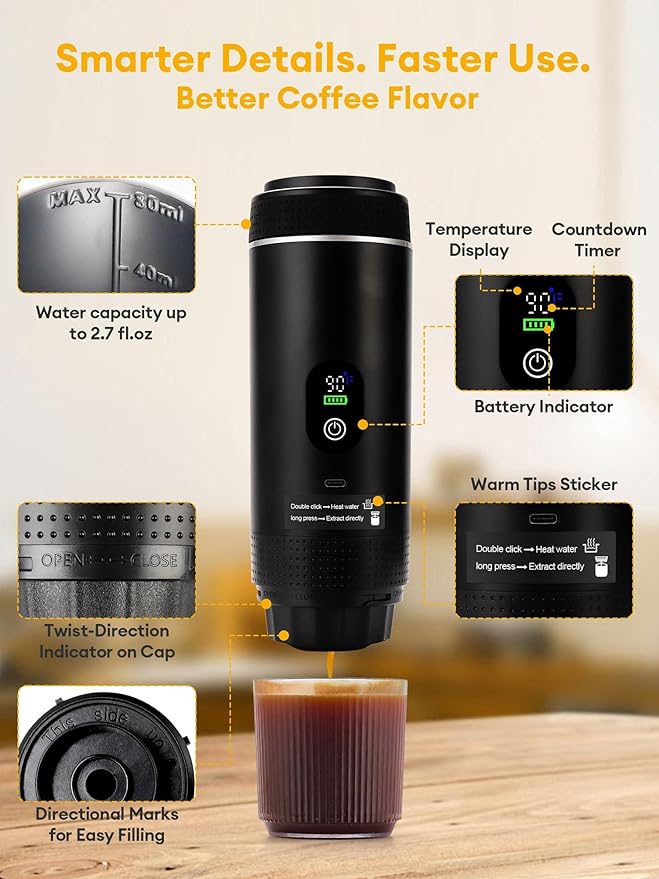 3 in1 Portable Espresso Machine with LED Display,20 Bar Pressure,Real-Time Temp&Battery Indicator,Portable Coffee Maker Compatible with Ground Coffee & Capsules, for Travel,Home & Office