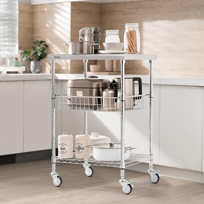 VEVOR Kitchen Utility Cart, 36.6"x20"x24" 3 Tiers Wire Rolling Cart, 470LBS Capacity Steel Service Cart with Brake Wheels, Storage Trolley with 76mm Basket PP Liner 6 Hooks, for Indoor & Outdoor Use