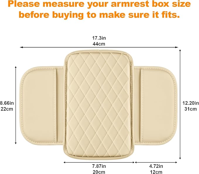 Car Center Console Cover Fit for Mazda Mazda 3 - Upgraded Faux Leather Armrest Cushion with 2 Storage Pockets - Waterproof Armrest Protector for Car (Beige & Whiteline)