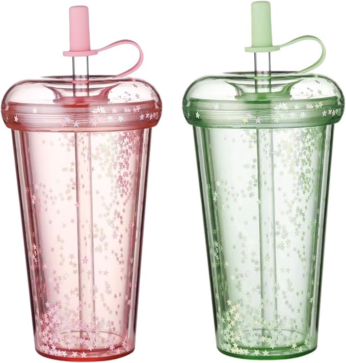 Double Wall Tumbler with Lid and Straw, 420ml/14.2oz Safe Insulated Cup with Straw, Leakproof Glitter Cups, Portable Water Cup with and Lid for School, Office, Travel Style 1 water tumbler