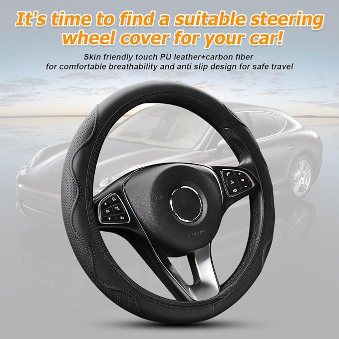 Elastic Stretch Car Steering Wheel Cover, Leather Soft Vehicle Steer Wheel Protector, 14.5-15 Inch Anti-Slip Automotive Protective Guard Accessories, Universal for SUV, Sedan, Truck (Black)