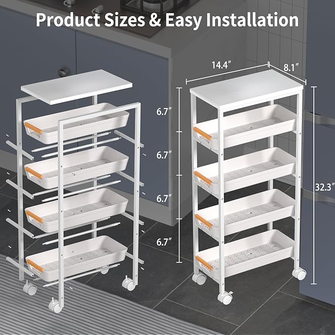 5 Tier Slim Rolling Utility Cart with Drawers Pull-Out Design Slim Storage Cart with Metal Frame and Wooden Top for Narrow Space in Home Kitchen Bathroom White (Width 8.1 Inches)