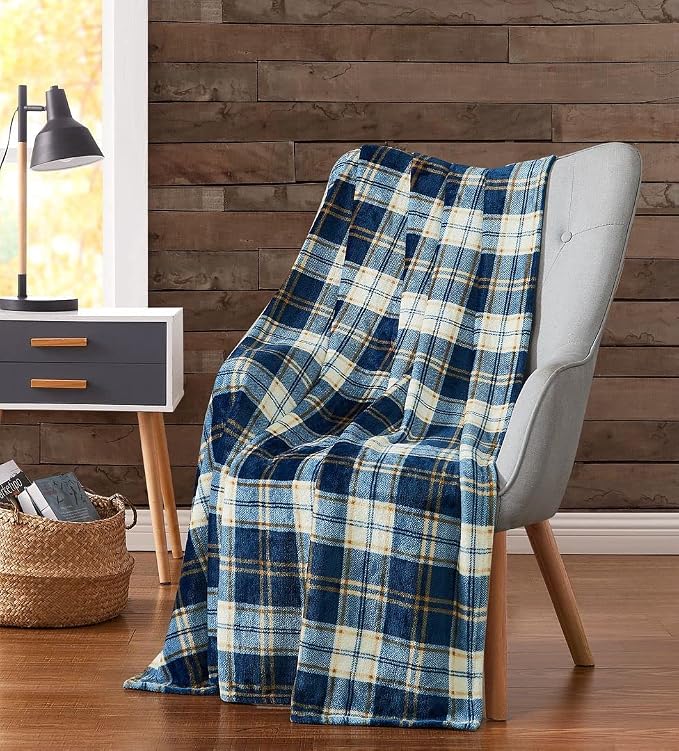 Teal Plaid Farmhouse Fleece Throw Blanket: Soft Blue Cream Brown Tartan Design Accent for Sofa Couch Chair Bed Dorm