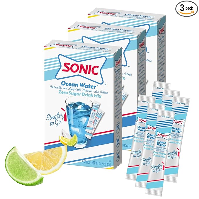 Sonic Singles to Go Powdered Drink Mix, Ocean Water, 6 Sticks per Box, 3 Boxes included (18 Sticks Total)