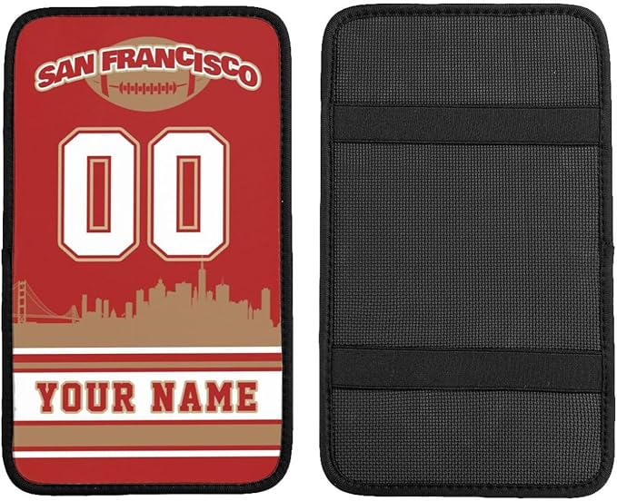 Custom San Francisco Car Armrest Covers Personalized Football Style with Name Number Customized Auto Center Console Pad Car Handrail Box Cushion for Most Vehicle Decor Accessories, Fans Gift