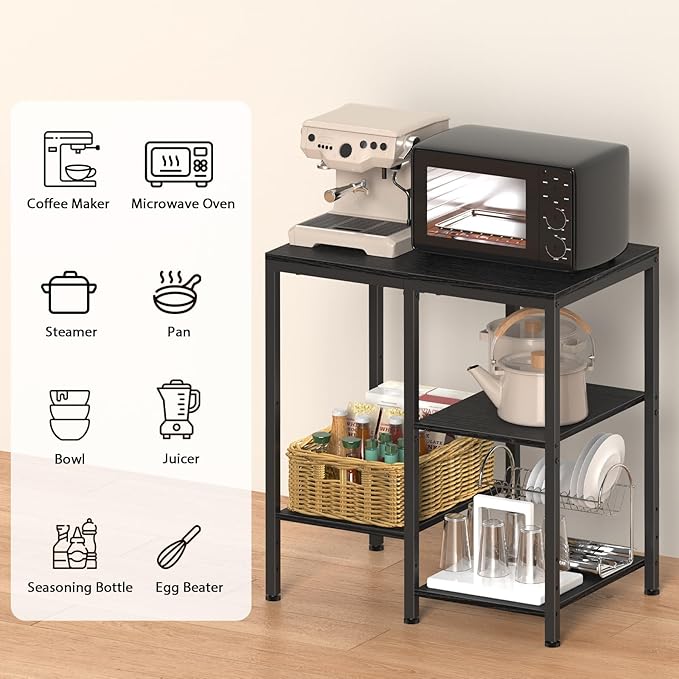 Kitchen Microwave Stand,4-Tier Adjustable Bakers Rack, Microwave Cart with Storage, Small Coffee Bar Table Appliance Shelf for Living Room,Office (Coal-Black)