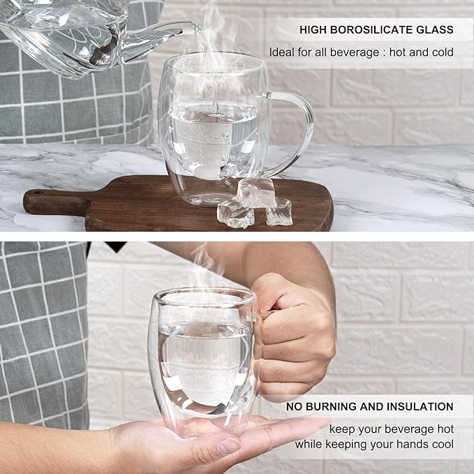 Double Walled Glass Coffee Mugs, Glass Coffee Mugs Set Of 4, Glass Coffee Cups with Handles, 12OZ, Suitable for Cappuccino, Latte, Espresso, Hot Drinks, Cold Drinks