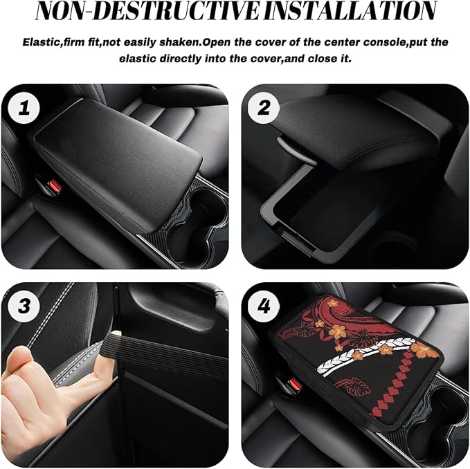 CLOHOMIN Red Polynesia Car Armrest Storage Box Pad Orange Hibiscus Center Console Armrest Cover for Most Vehicles Easy to Install Auto Armrest Covers Accessories with 2 Storage Pockets