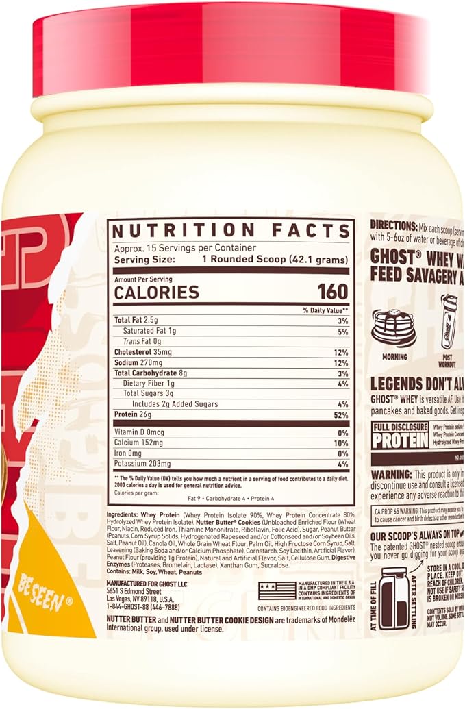 GHOST Whey Protein Powder, Nutter Butter - 1LB Tub, 26G of Protein - Flavored Isolate, Concentrate & Hydrolyzed Whey Protein Blend - Post Workout Shakes