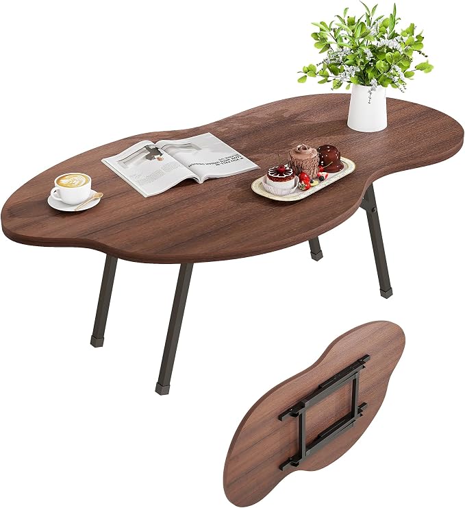 Foldable Coffee Table,Mid Century Modern Coffee Table Living Room Tables,Cloud Shape Irregular Center Table,Portable Folding Table for Small Spaces,Living Room,Bedroom,Entryway,Easy Assembly,Walnut