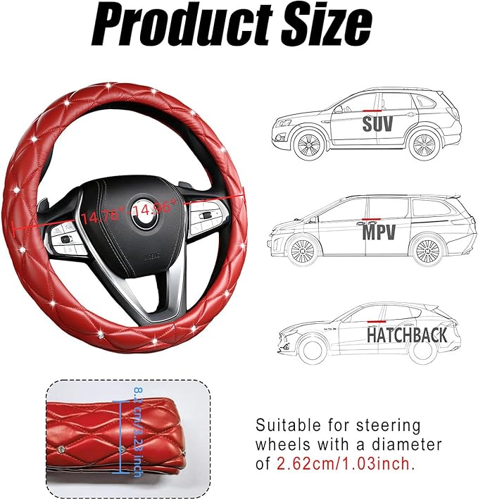 Diamond Leather Steering Wheel Cover Women, Girly Bling Steering Wheel Cover, Sparkly Non-Slip Soft, 15 Inch Interior Accessories for Women Girls Vehicle, Red