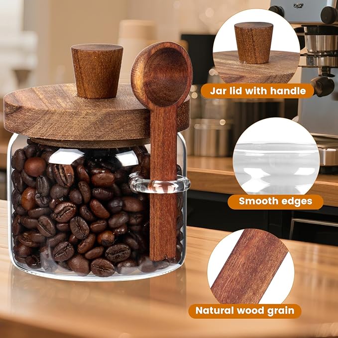 Glass Coffee Bean Storage Container, Wood Lid with Spoon, Airtight Silicone Seal, BPA-Free (400ML/13.53OZ)
