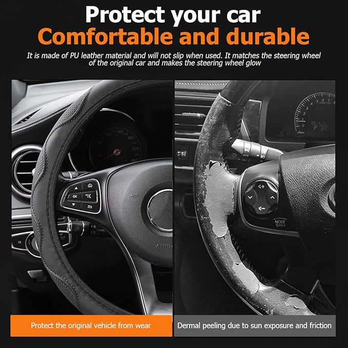 Elastic Stretch Car Steering Wheel Cover, Leather Soft Vehicle Steer Wheel Protector, 14.5-15 Inch Anti-Slip Automotive Protective Guard Accessories, Universal for SUV, Sedan, Truck (Black)