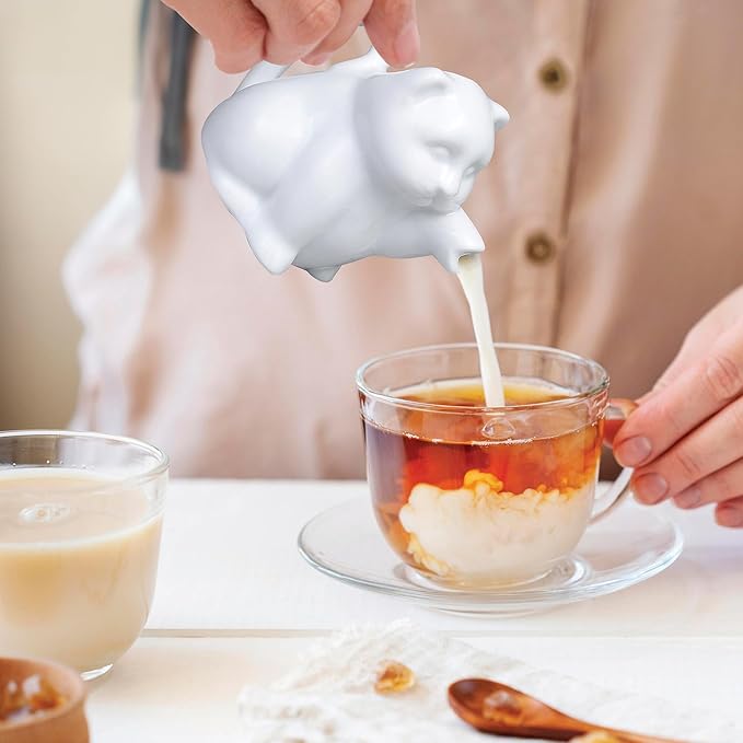 HIC Kitchen Mini Cat Creamer With Handle, Fine Porcelain, 2-Ounce, For Serving Milk, Cream, Syrup, Dressings, And Sauces, Set of 2