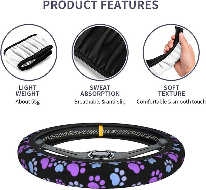 Paw Print Steering Wheel Cover for Women Men Girls Car Accessories Decor Anti-Slip Neoprene Auto Steering Wheel Covers Protector Universal 15 Inch