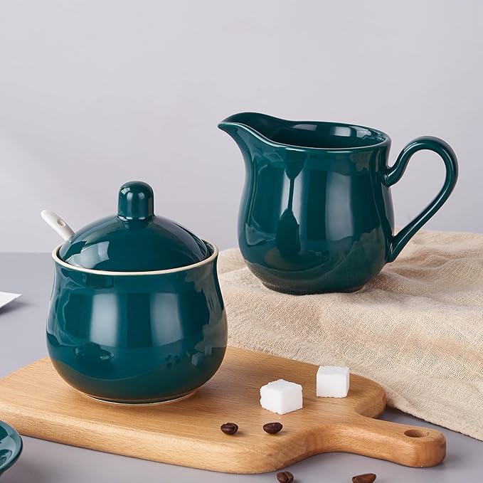 12 OZ Ceramic Sugar and Creamer Set, Coffee Serving Set, 3 Piece Cream Pitcher Sugar Bowl with Lid and Spoon (Dark Teal)