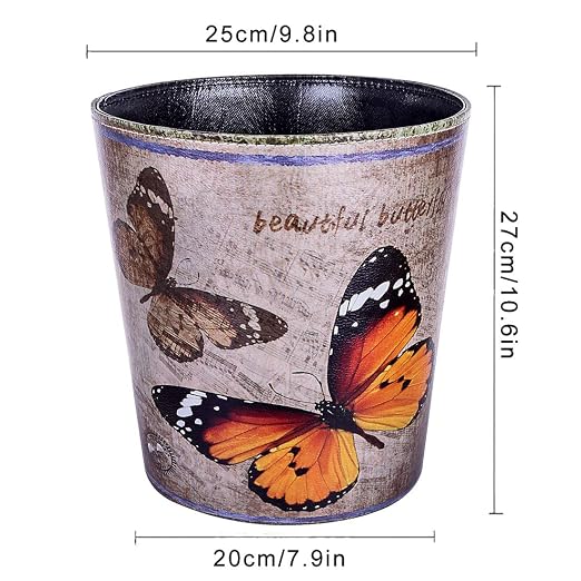 10L/2.64 Gallon Trash Can, Decorative Waste Basket, PU Leather Waste Paper Basket, Waterproof Garbage Can for Bathroom, Bedroom, Office, Kitchen and Living Room - Orange and Black Butterfly