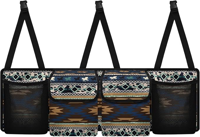 CLOHOMIN Aztec Ethnic Horse Backseat Car Organizer Hanging Cargo Storage Organizer with 4 Pockets Blue Car Seatback Organizer for Most Vehicle Car Interior Accessories