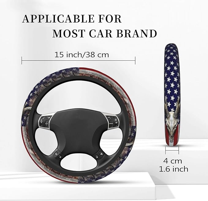 Camouflage Deer American Flag Steering Wheel Cover for Men, Anti-Slip Elastic Breathable Soft Rubber Car Steering Wheel Protective Cover, Universal 15 Inch Fit for Cars, Auto, SUVs