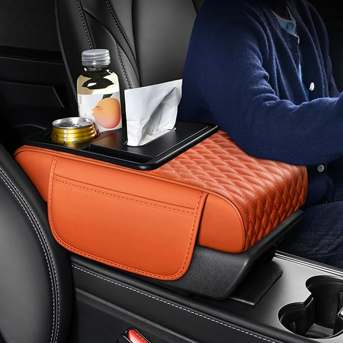 Car Center Console Armrest Pad, Arm Rest Box Cushion with Ergonomic Height Boost, Storage Pockets, Built-in Tissue Box, Cupholder, Fit for Most Sedan Vehicles (Embroidery Water Ripple, Deep Orange)