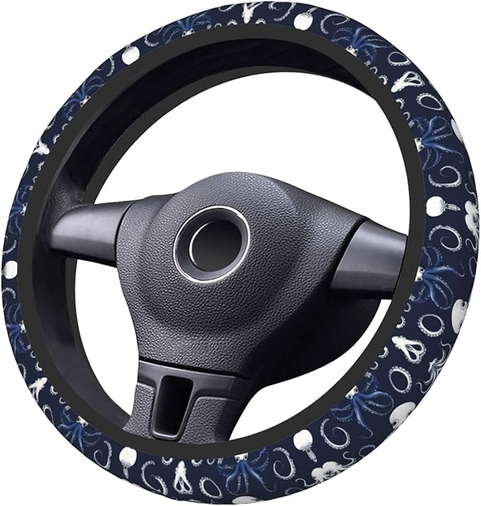 Squids and Octopi in Navy Car Steering Wheel Cover, 15 Inch Steering Wheel Cover Stylish Decor for Most Cars