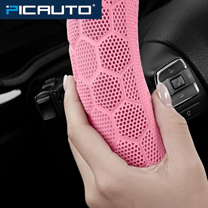 PIC AUTO Massage Steering Wheel Cover, Pink Football Pattern Material Spliced & Hotpink Leather Car Steering Wheel Cover, Car Steering Cover, Universal Fit 14.5"-15.5" for Cars, Trucks, Van, SUVs
