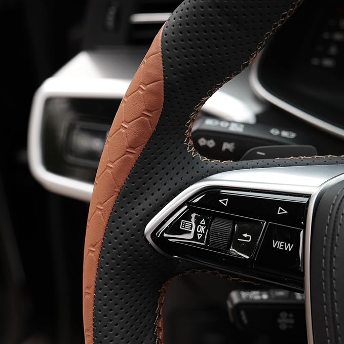 MEWANT Hand Stitch Steering Wheel Cover for Audi A6 2019-2022 A6 Allroad 2020-2022 A7 2019-2022 RS 6 Avant 2021-2022 RS 7 2021-2022 S6 2020-2022 Black Brown Real Leather DIY Interior Accessories