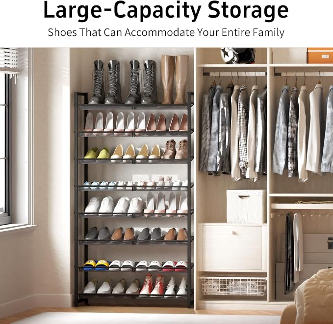 Shoe Rack, 8-Tier Metal Shoe Organizer, Tall Shoe Rack for Closet,entryway,Garage, with Adjustable Flat or Angled Shelves, 32-40 Pairs,Shoes that can accommodate the Whole Family.