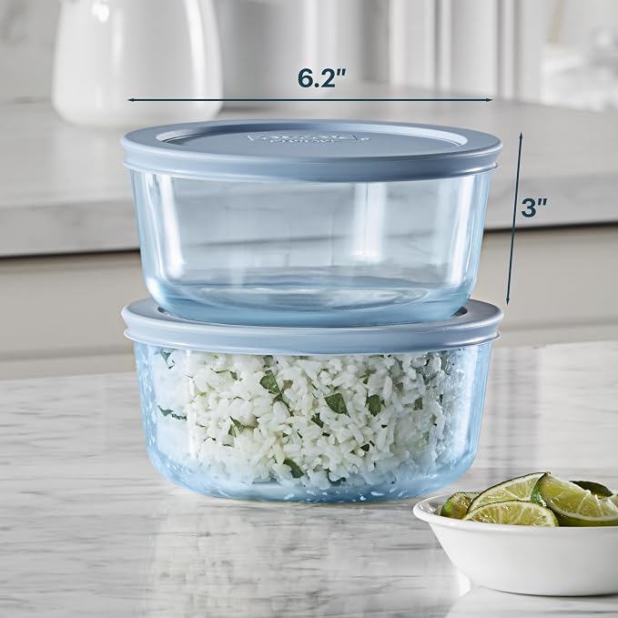 Pyrex Colors Tinted (4 Cup) Medium Round Food Storage Container, Snug Fit Non-Toxic Plastic BPA-Free Lids, Freezer Dishwasher Microwave Safe