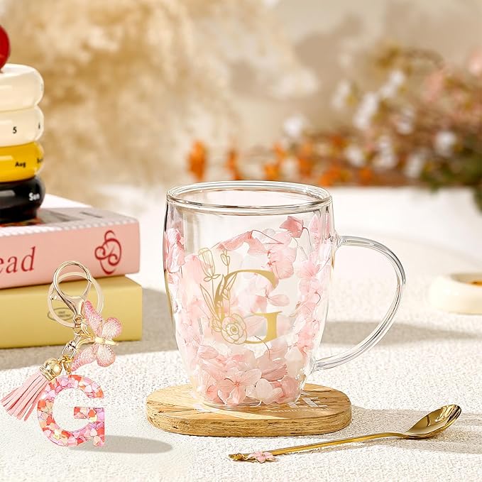 Personalized Gift for Women Flower Glass Coffee Mug Initial Tea cup Monogrammed Customized Bridesmaid Bride Wedding Gifts Graduation Gifts Valentine Mother's Day Birthday Christmas Gift (G)