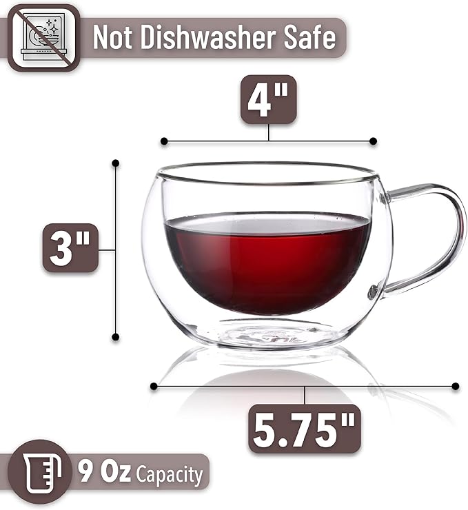 BTaT- Double Walled Glass Coffee Mugs, 9 oz, Set of 4, Glass Coffee Cups with Handle, Insulated Clear Coffee Mug for Hot and Cold Beverages, Cappuccino, Latte, Tea, Americano, Microwave Safe