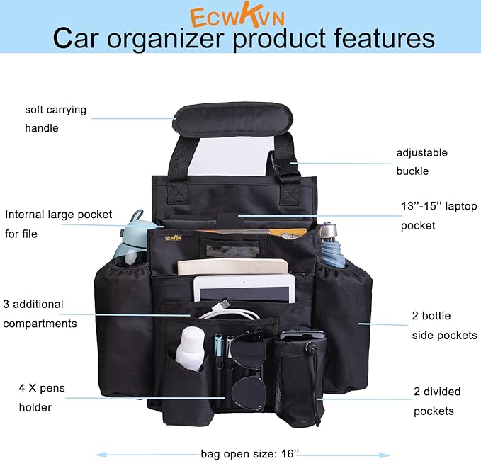 Car Front & Back Seat Organizer with Dedicated Tablet/Laptop Compartment, Passenger Seat File Storage with Cup Holder, Adjustable Backrest, and Padded Shoulder Strap