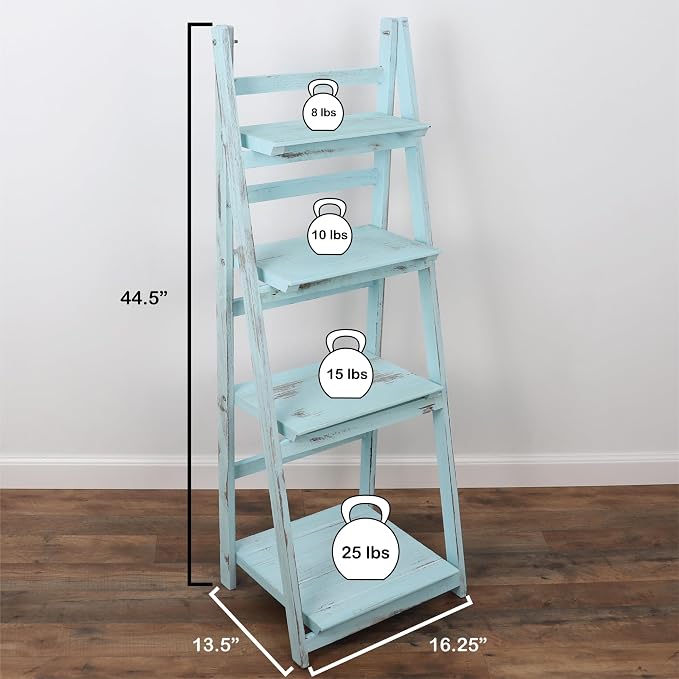 Ladder Shelf - Distressed Leaning Bookshelf (Turquoise)