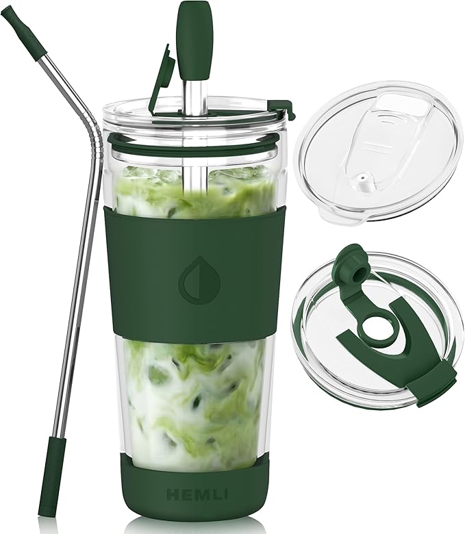 19 oz. Clear Double Wall Glass Coffee Tumbler, To Go Glass Travel Mug with Lid and Straw, Reusable Cup Tea, Smoothies, Ice Coffee, and Boba