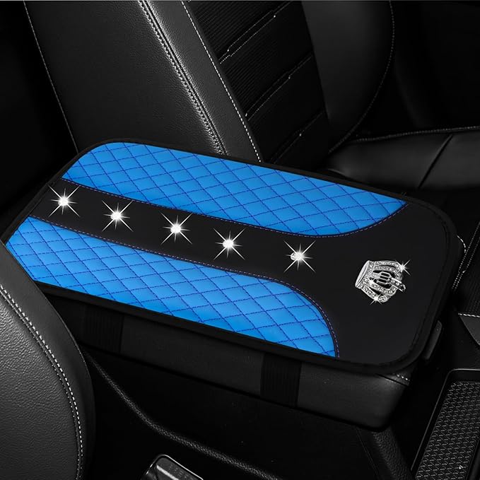 Bling Crown Car Center Console Cover, 12.7"×7.7" Armrest Cover for Cars, Waterproof Leather Arm Rest Box Pad Cushion, Universal Middle Console Cover Protector, Car Accessories (Blue)