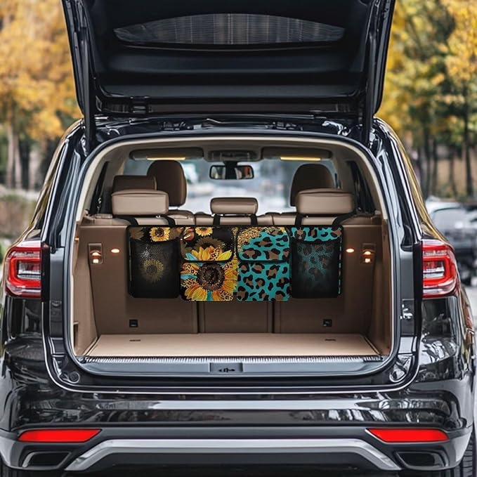 SEANATIVE Sunflowers Leopard Car Trunk Organizer, Hanging Trunk Organizer for SUV, Backseat Car Organizer with 4 Large Compartments, Car Accessories Interior, Space Saving Expert