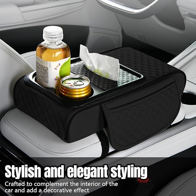 Hovom Car Center Console Armrest Pillow, 13.78"×7.48"×2.76" Leather Arm Rest Cover for Cars, Multifunctional Auto Armrest Cushion Pad with Pocket, Tissue Box & Cup Holder, Car Accessories (Black)