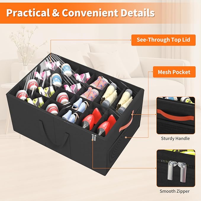 Aokeyee 2 Pack Shoe Organizer for Closet, Large Shoe Storage Box Fits up to 48 Pairs, Space Saving Foldable Shoes Organizer Bin w/Clear Cover and 4 Reinforced Handles, Black