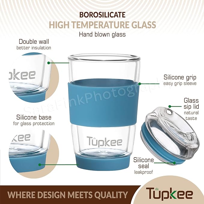 Tupkee Double Wall All Glass Tumbler - 8-Ounce, Reusable Insulated Tea/Coffee Mug & Lid, Hand Blown Glass Travel Mug - Niagara - 2 Pack