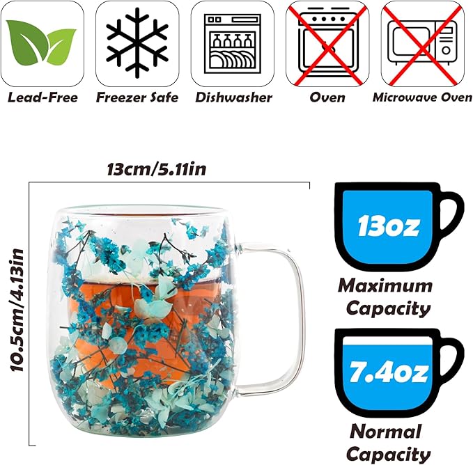 Real Flower Glass Tea Cup, Double Wall Borosilicate Coffee Mug with Preserved Flowers, Clear Aesthetic Floral Glassware, Romantic Gift for Women, Mom, Girlfriend, Mother’s Day & Women’s Day