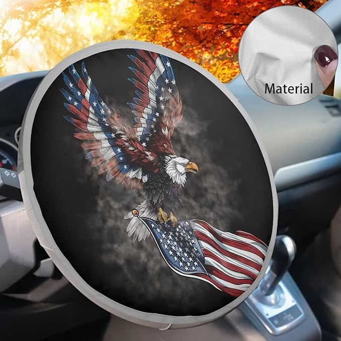 American Flag Steering Wheel Sun Shade Covers Eagle Sun Shade Cooling Cover for Car Steering Wheel 4th of July Decorative Accessories