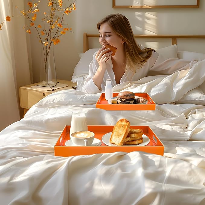 MAONAME Orange Serving Trays Set of 2, Plastic Decorative Trays with Handles, Rectangular Coffee Table Tray for Ottoman, Nesting Tray for Living Room, Bedroom