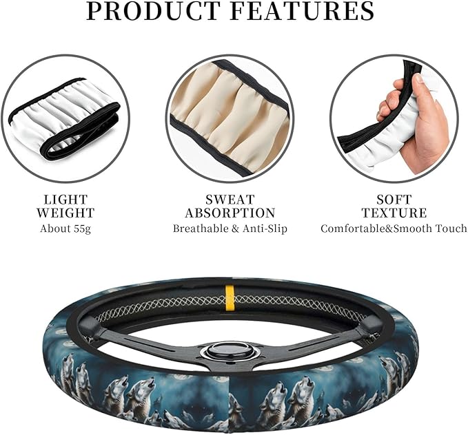 Wolves Howling?Moon Neoprene Steering Wheel Covers Women Men Car Accessories, Universal 15 Inch Fit Auto, Suvs, Truck