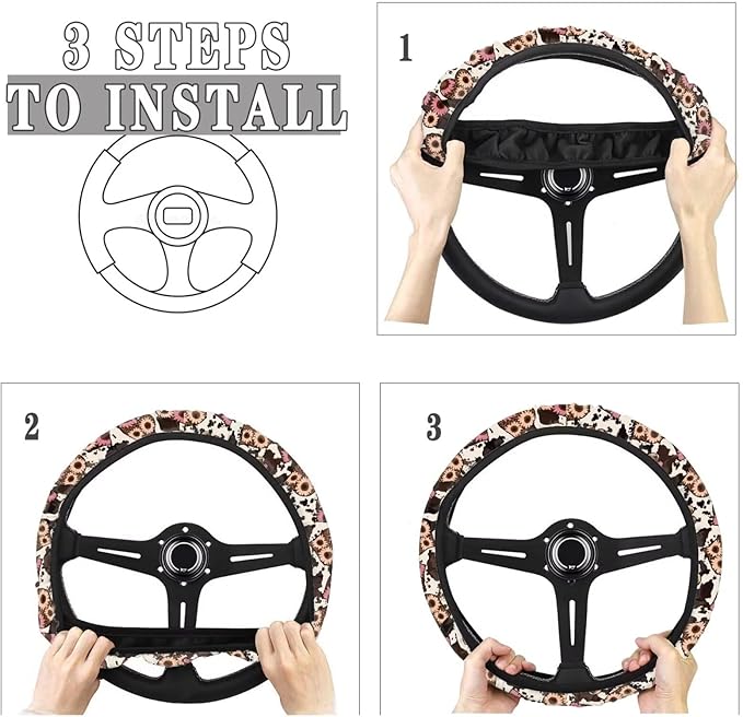 Universal Non-Slip Steering Wheel Cover, 15-inch Polyester Material Driving Accessories, Adjustable for Car and Truck(Sunflower Heart Leopard Print)