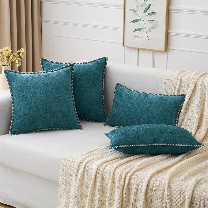 MIULEE Pack of 2 Couch Throw Pillow Covers 16x16 Inch Dark Teal Farmhouse Decorative Pillow Covers with Stitched Edge Soft Chenille Solid Dyed Pillow Covers for Sofa Bed Living Room